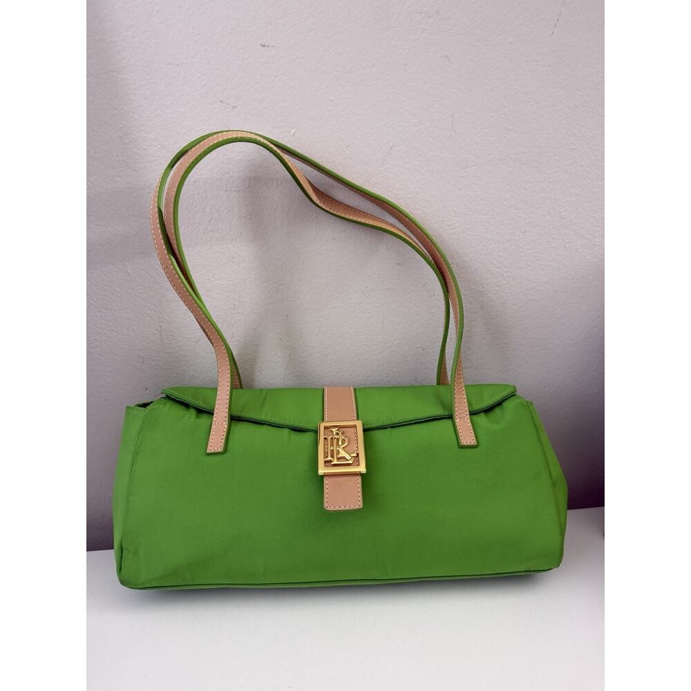 Lauren Ralph Lauren LRL Green Baguette Shoulder Bag Y2K Nylon Gold Logo
